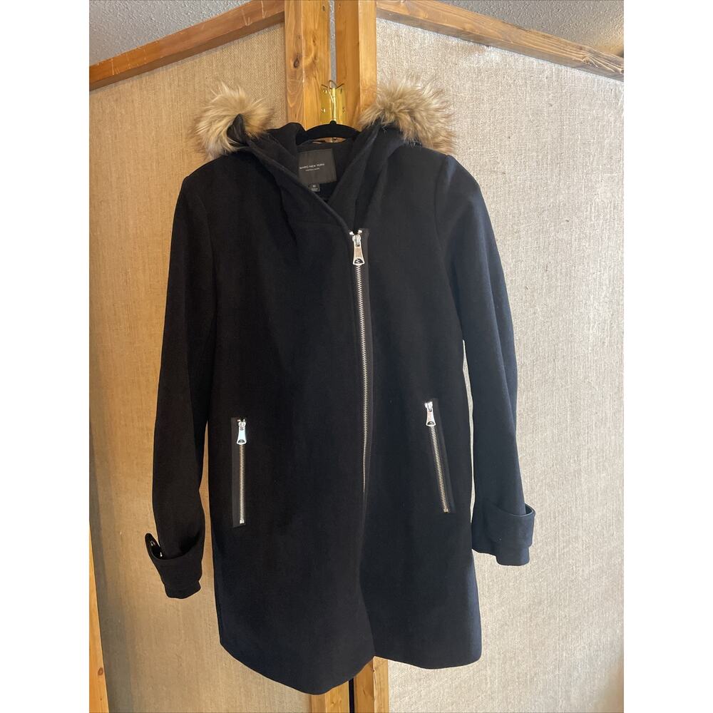 $370 Marc New York Robbie Front Zip Genuine Fur Trim Hooded Black Coat Size 10